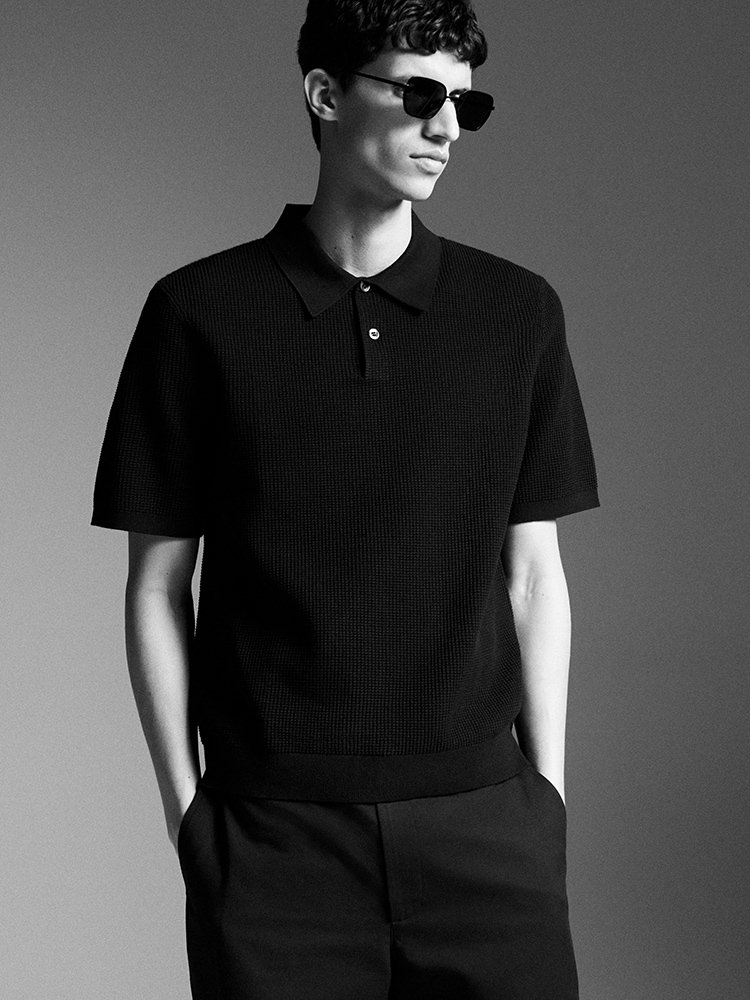 ワッフルニットコットンポロシャツ